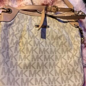 Michael Kors Cream and Tan MK Shoulder Bag